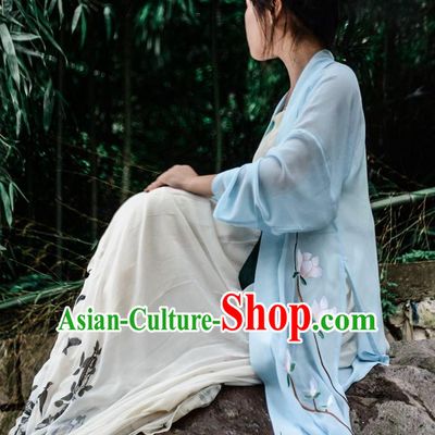 Traditional Ancient Chinese Young Lady Hanfu Costume Blue Embroidered BeiZi, Asian China Tang Dynasty Imperial Princess Cardigan Clothing for Women