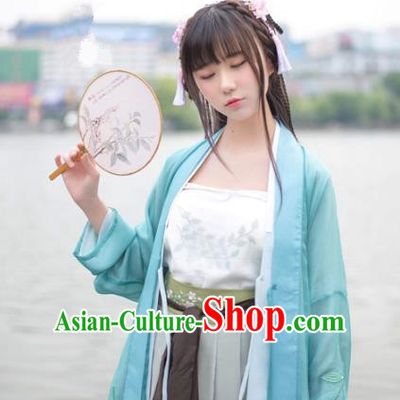Traditional Chinese Song Dynasty Palace Lady Hanfu Costume Blue BeiZi, Asian China Ancient Princess Dress Embroidered Clothing for Women