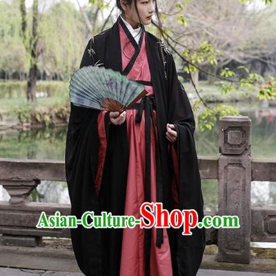 Traditional Ancient Chinese Swordsman Hanfu Costume Embroidered Black Cloak and Robe, Asian China Han Dynasty Scholar Clothing for Men