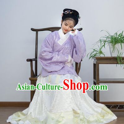 Traditional Chinese Ancient Costume Palace Lady Embroidered Purple Blouse and Skirt, Asian China Ming Dynasty Princess Hanfu Dress Clothing for Women