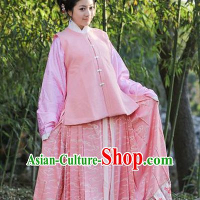 Traditional Chinese Ancient Costume Princess Embroidered Pink Vest and Blouse, Asian China Ming Dynasty Palace Lady Clothing for Women
