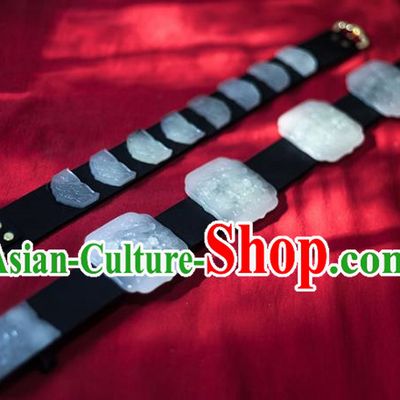 Traditional Ancient Chinese Emperor Hanfu Jade Belts, Asian China Ming Dynasty Imperial Guards Leather Waistband for Men