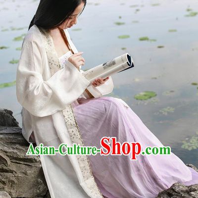 Traditional Chinese Ancient Costume Imperial Concubine White Embroidered Beizi Complete Set, Asian China Song Dynasty Palace Lady Clothing for Women