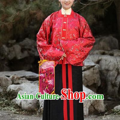 Traditional Chinese Ancient Costume Princess Red Embroidered Blouse and Skirt, Asian China Ming Dynasty Palace Lady Hanfu Clothing for Women