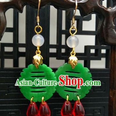 Traditional Handmade Chinese Ancient Classical Hanfu Wedding Accessories Eardrop Green Jade Tassel Earrings for Women