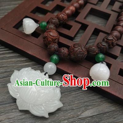 Traditional Handmade Chinese Ancient Classical Jade Lotus Necklace Accessories Queen Sandalwood Beads Necklet for Women