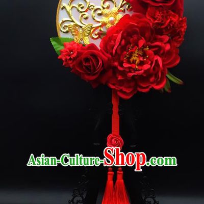 Traditional Handmade Chinese Ancient Classical Hanfu Palace Lady Red Flowers Embroidered Round Fans for Women