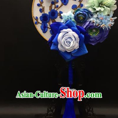 Traditional Handmade Chinese Ancient Classical Hanfu Palace Lady Blue Flowers Embroidered Round Fans for Women