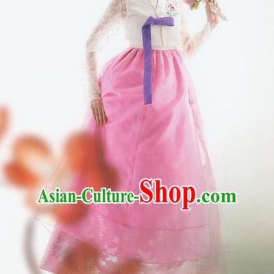 Traditional Korean Costumes Bride Formal Attire Ceremonial White Lace Blouse and Full Dress, Korea Hanbok Court Embroidered Wedding Clothing for Women