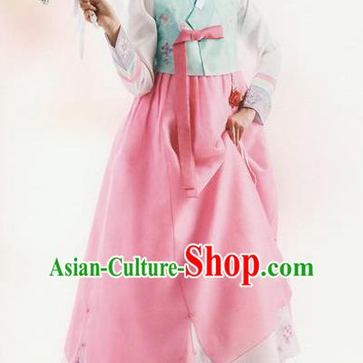 Traditional Korean Costumes Bride Formal Attire Ceremonial Blue Blouse and Full Dress, Korea Hanbok Court Embroidered Clothing for Women