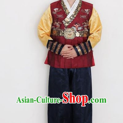 Traditional Korean Costumes Bridegroom Formal Attire Ceremonial Red Clothes, Korea Hanbok Court Embroidered Clothing for Men