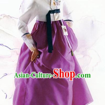 Traditional Korean Costumes Bride Formal Attire Ceremonial White Blouse and Purple Dress, Korea Hanbok Court Embroidered Clothing for Women