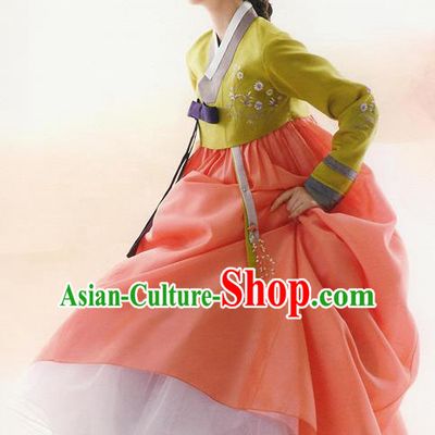 Traditional Korean Costumes Bride Formal Attire Ceremonial Green Blouse and Orange Dress, Korea Hanbok Court Embroidered Clothing for Women