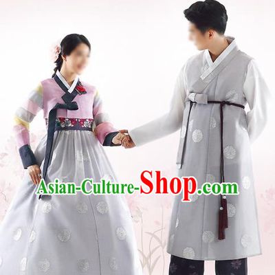 Traditional Korean Costumes Bride and Bridegroom Formal Attire Ceremonial Grey Clothes, Korea Hanbok Court Embroidered Clothing for Women for Men