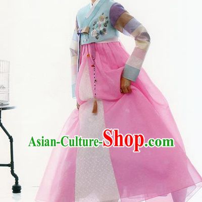 Traditional Korean Costumes Bride Formal Attire Ceremonial Blue Blouse and Pink Dress, Korea Hanbok Court Embroidered Clothing for Women