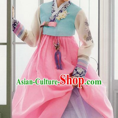 Traditional Korean Costumes Bride Formal Attire Ceremonial Blue Blouse and Pink Dress, Korea Hanbok Court Embroidered Clothing for Women