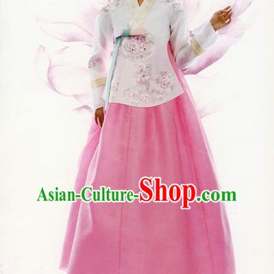 Traditional Korean Costumes Bride Formal Attire Ceremonial White Blouse and Pink Dress, Korea Hanbok Court Embroidered Clothing for Women
