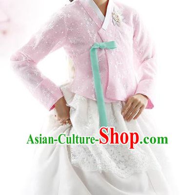 Traditional Korean Costumes Bride Formal Attire Ceremonial Pink Blouse and White Lace Dress, Korea Hanbok Court Embroidered Clothing for Women