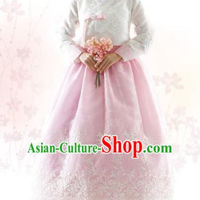 Traditional Korean Costumes Bride Formal Attire Ceremonial White Blouse and Pink Lace Dress, Korea Hanbok Court Embroidered Clothing for Women