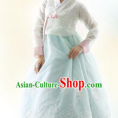 Traditional Korean Costumes Bride Formal Attire Ceremonial White Blouse and Blue Lace Dress, Korea Hanbok Court Embroidered Clothing for Women