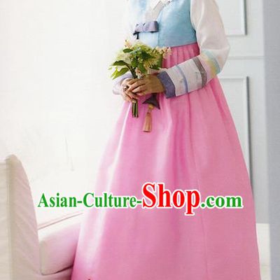 Traditional Korean Costumes Bride Formal Attire Ceremonial Blue Blouse and Pink Dress, Korea Hanbok Court Embroidered Clothing for Women