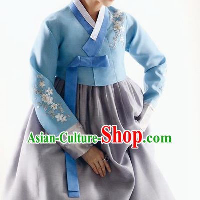 Traditional Korean Costumes Bride Formal Attire Ceremonial Blue Blouse and Grey Dress, Korea Hanbok Court Embroidered Clothing for Women