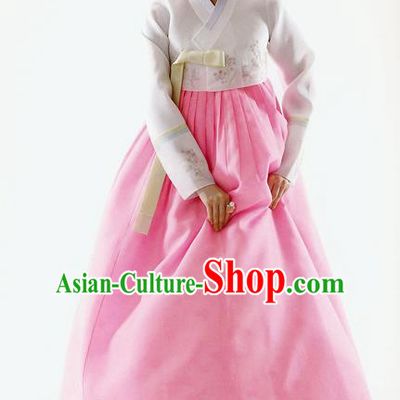 Traditional Korean Costumes Bride Formal Attire Ceremonial White Blouse and Pink Dress, Korea Hanbok Court Embroidered Clothing for Women