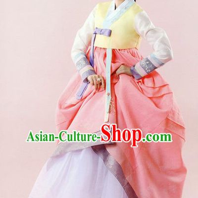 Traditional Korean Costumes Bride Wedding Yellow Blouse and Pink Dress, Korea Hanbok Court Embroidered Clothing for Women