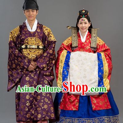 Traditional Korean Costumes Bride and Bridegroom Wedding Clothing Complete Set, Korea Hanbok Court Embroidered Clothing for Women for Men
