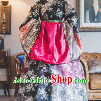 Traditional Korean Costumes Bride Wedding Black Clothing, Korea Hanbok Queen Court Embroidered Clothing for Women