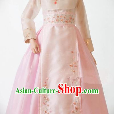 Traditional Korean Costumes Bride Wedding Pink Dress, Korea Hanbok Queen Court Embroidered Clothing for Women