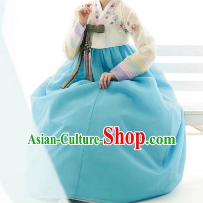 Traditional Korean Costumes Bride Wedding Blue Dress, Korea Hanbok Queen Court Embroidered Clothing for Women