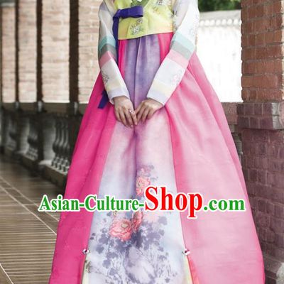 Traditional Korean Costumes Bride Wedding Rosy Dress, Korea Hanbok Queen Court Embroidered Clothing for Women