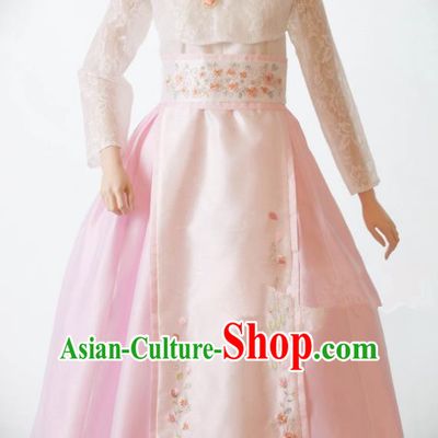 Traditional Korean Costumes Bride Wedding White Lace Dress, Korea Hanbok Queen Court Embroidered Clothing for Women