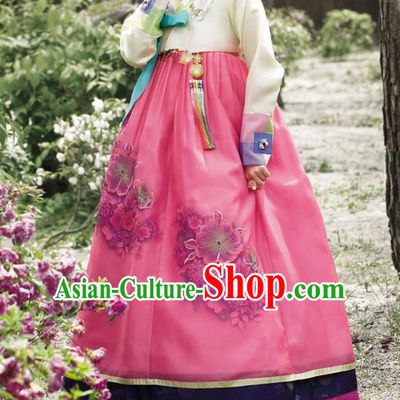 Traditional Korean Costumes Bride Wedding Rosy Dress, Korea Hanbok Queen Court Embroidered Clothing for Women