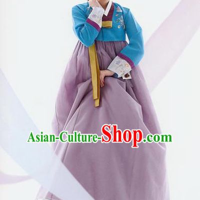 Traditional Korean Costumes Bride Wedding Blue Blouse and Purple Silk Dress, Korea Hanbok Princess Court Embroidered Clothing for Women