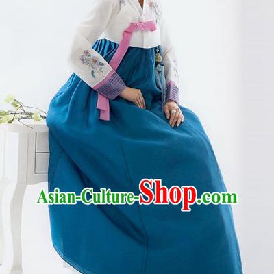 Traditional Korean Costumes Bride Wedding White Blouse and Blue Silk Dress, Korea Hanbok Princess Court Embroidered Clothing for Women