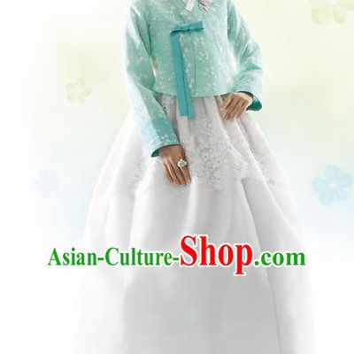 Traditional Korean Costumes Bride Formal Attire Ceremonial Green Blouse and White Dress, Korea Hanbok Court Embroidered Clothing for Women