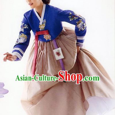 Traditional Korean Costumes Bride Formal Attire Ceremonial Blue Blouse and Brown Dress, Korea Hanbok Court Embroidered Clothing for Women