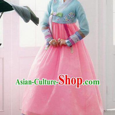 Traditional Korean Costumes Bride Formal Attire Ceremonial Blue Blouse and Pink Dress, Korea Hanbok Court Embroidered Clothing for Women