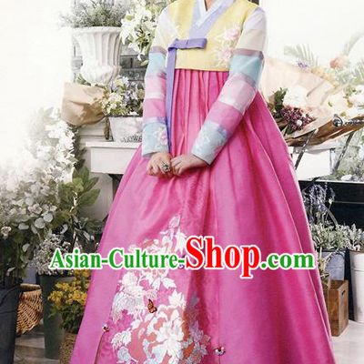 Traditional Korean Costumes Bride Formal Attire Ceremonial Yellow Blouse and Rosy Dress, Korea Hanbok Court Embroidered Clothing for Women