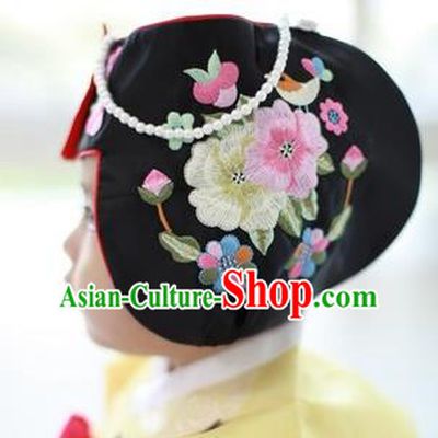 Traditional Korean Hair Accessories Bride Black Embroidered Hats, Asian Korean Fashion Girls Wedding Headwear for Kids