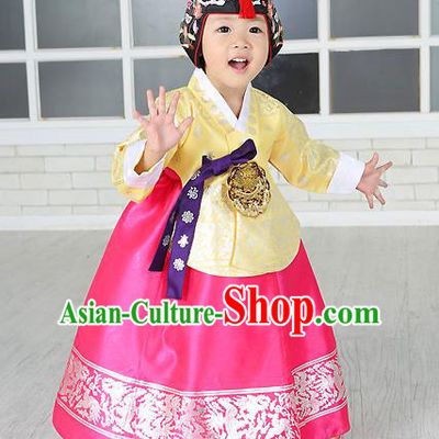 Traditional Korean Handmade Formal Occasions Costume Embroidered Baby Brithday Girls Yellow Blouse and Pink Dress Hanbok Clothing