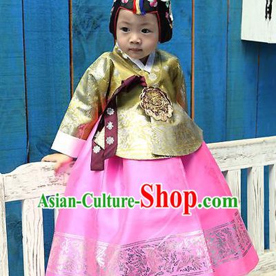 Traditional Korean Handmade Formal Occasions Costume Embroidered Baby Brithday Girls Yellow Blouse and Pink Dress Hanbok Clothing