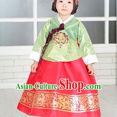 Traditional Korean Handmade Formal Occasions Costume Embroidered Baby Brithday Girls Green Blouse and Red Dress Hanbok Clothing