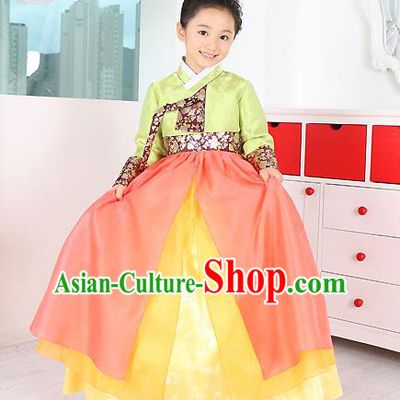 Traditional Korean Handmade Formal Occasions Costume Embroidered Baby Brithday Girls Green Blouse and Yellow Dress Hanbok Clothing