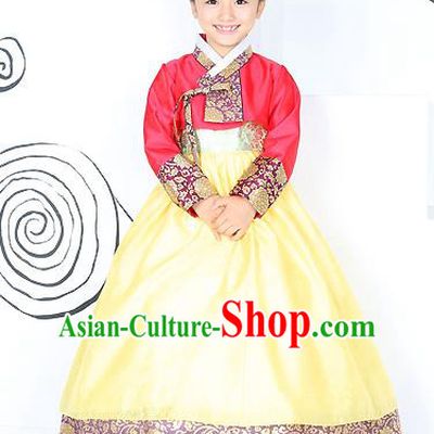 Traditional Korean Handmade Formal Occasions Costume Embroidered Baby Brithday Girls Red Blouse and Yellow Dress Hanbok Clothing