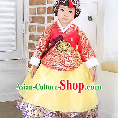 Traditional Korean Handmade Formal Occasions Costume Embroidered Baby Brithday Girls Red Blouse and Yellow Dress Hanbok Clothing