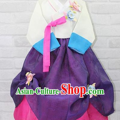 Traditional Korean Handmade Formal Occasions Costume Embroidered White Blouse and Purple Dress Bride Hanbok Clothing for Girls