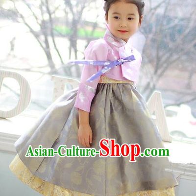 Traditional Korean Handmade Formal Occasions Costume Embroidered Pink Blouse and Grey Dress Hanbok Clothing for Girls